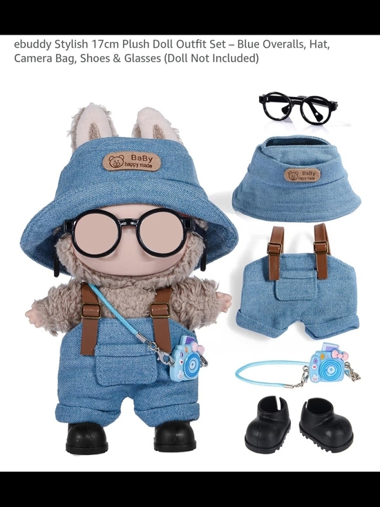 Labubu Other - Labubu Blue Denim Doll Outfit Set - Hat, Overalls, Camera Bag & Accessories